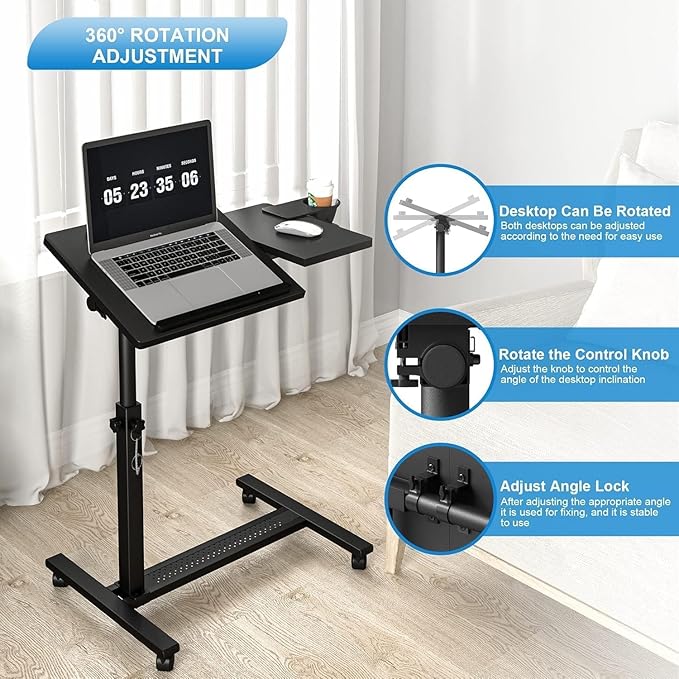 Panta Height Adjustable Rolling Laptop Stand, Overbed Table with 2 Tilting Desktops, Mobile Laptop Table for Couch with Cup Holder, Mobile Computer Workstation for Office, Home and Hospital