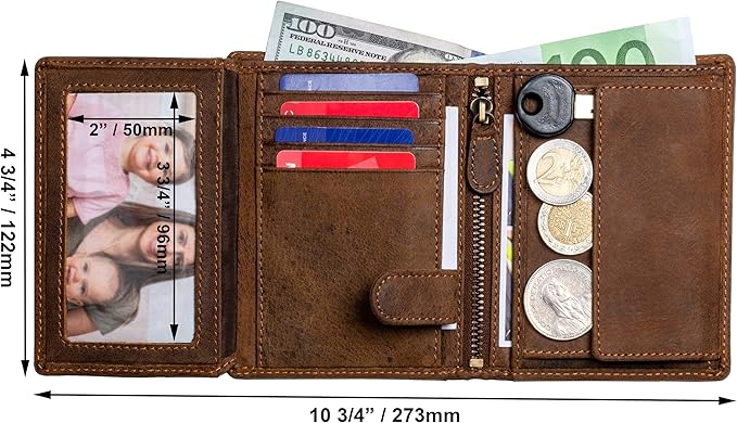 DiLoro Mens Full Size Large Capacity Genuine Full Grain Leather Wallet Bifold Flip ID Coin & Zip Pockets RFID Blocking Anti-Theft (Dark Hunter Brown)