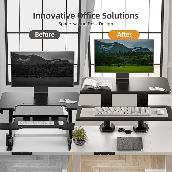 Claiks 24-Inch Sit-Stand Workstation，Innovative Space-Saving Height-Adjustable Ergonomic Desk Converter with Wide Keyboard Tray，Dual Fixation and Flexible Rotation Function, Black