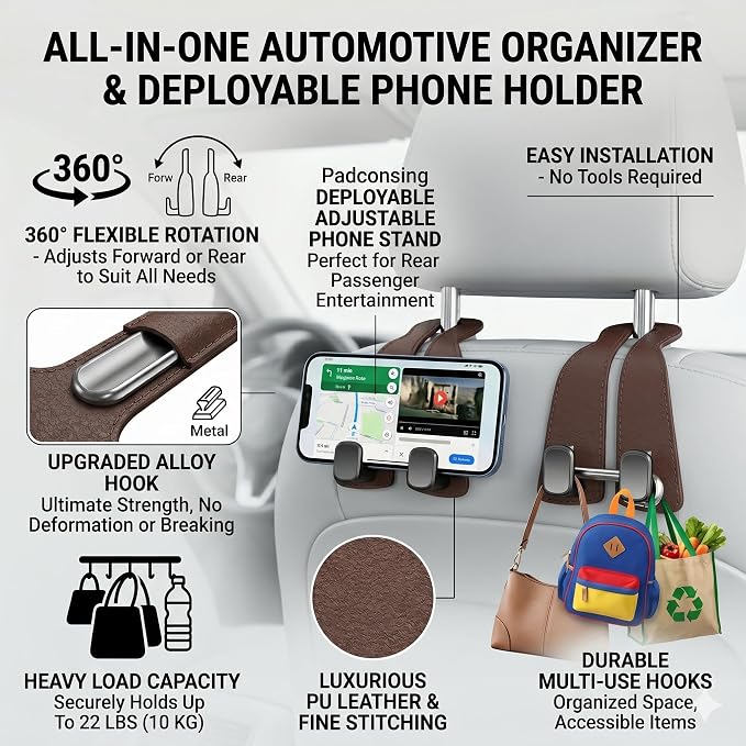 2 Pack Leather Car Seat Back Double Hooks - Heavy Duty Metal Core Headrest Hangers for Purses, Bags & Groceries - Anti-Drop & Scratch-Free Auto Interior Organizer Holder (Brown)
