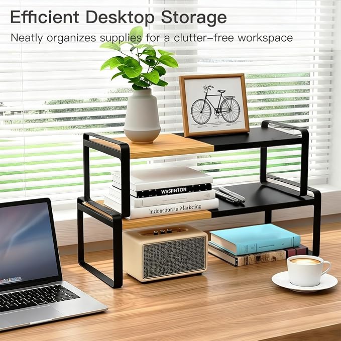 Expandable Desk Shelf Organizer, Sturdy Bamboo Desktop Riser for Monitor, Laptop & Office Storage, Modern Workspace Stand Accessories (Black)