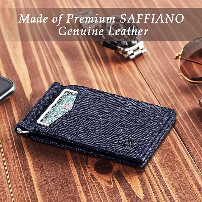YBONNE Mens Slim Wallet with Money Clip Front Pocket RFID Blocking Thin Bifold Leather Card Holder Minimalist Mini Billfold
