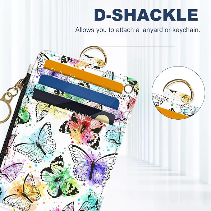 Slim Wallet Credit Card Holder, Watercolor Butterfly, RFID Wallet Women Cute Small Front Pocket Wallet With Zipper, PU Leather Thin travel RFID Blocking Card Case ID Window,Ladies Gifts