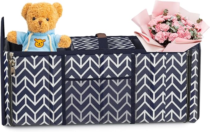 Orionstar Trunk Organizer, Foldable Car Storage Bag Portable Insulation Cooler Bag Collapsible Vehicle Organizer Divider Storage Totes with 3 Compartment Cargo Tote for Groceries Caddy SUV, Navy Blue