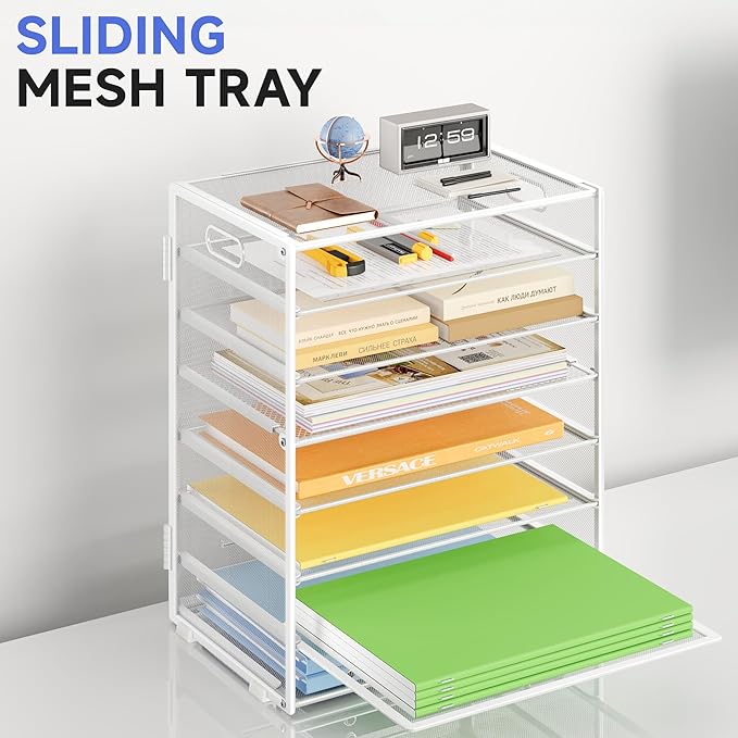 2 Pack 8 Tier Paper Organizer with Handle, Metal Mesh Desk File Organizer, Large Capacity Desk Organizers Paper Letter Tray Desktop Document Sorter for Office, Home or School - White