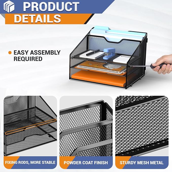 GAWERK Letter Tray Organizer, Mesh Desk File Organizer with 3 Paper Trays and 2 Vertical Upright Section (Pink)