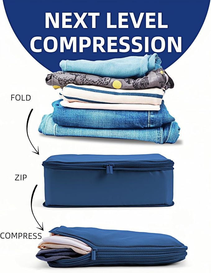 6 Set Compression Packing Cubes for 7–14 Day Travel, Dark Blue | Nylon Oxford Fabric, Full Breathable Mesh, Reinforced Double-Zipper, Small to Large Size Bag, Expandable Packing System