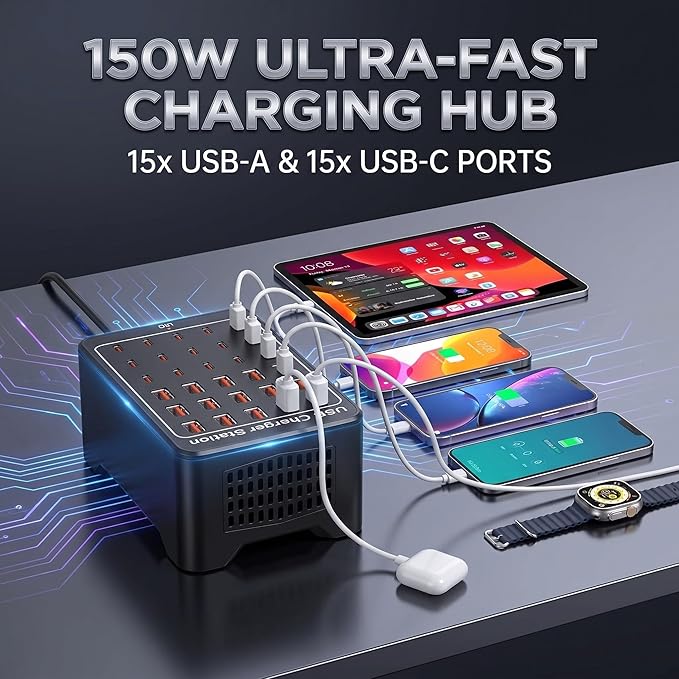 150W USB C Charging Station, 30 Port Fast Multi Device Charger (15 USB-C + 15 USB-A) Desktop Charger Hub, Compatible with iPhone Samsung iPad Google Pixel Tablets & Other USB Electronics