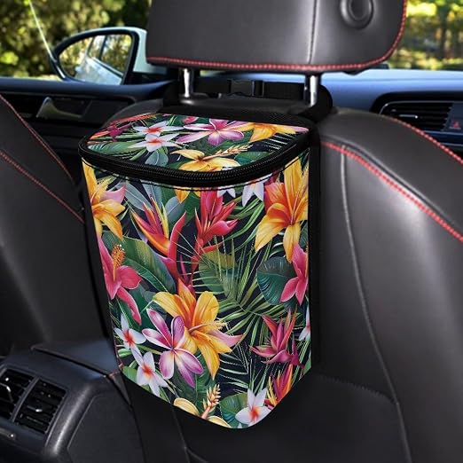 Biyejit Tropical Floral Car Trash Can Bin with Lid Hanging for Back Seat, Car Accessories for Women Men Leak Proof Automotive Garbage Cans Leakproof Vehicle Trash Can for Truck SUV