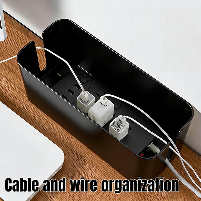 1 Large + 1 Small Cable Management Box Set – 2-Piece Cord Organizer Box, Home Office Desk Wire Storage & Cable Management Solution (Bamboo Lid/Black)