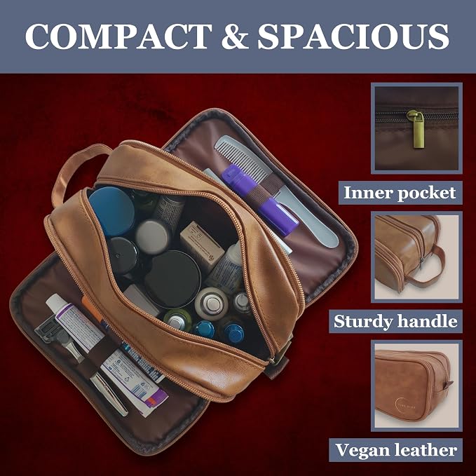 Premium Men’s Toiletry Bag with Drawstring Pouch – Durable Water-Resistant Leather-Look Travel Organizer for Shaving, Grooming & Hygiene Essentials (Light Brown)