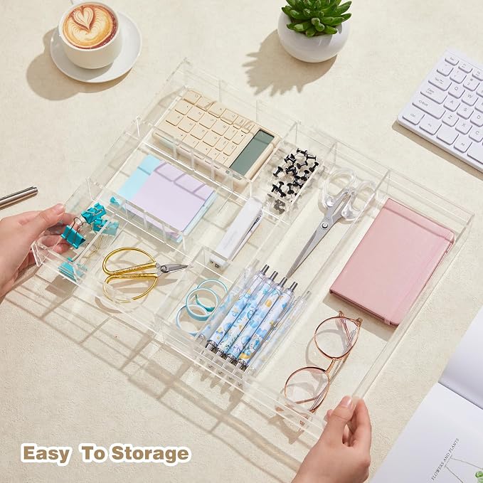 Briwooody 2 Pcs Acrylic Desk Drawer Organizer Maximum 11.8 x 17 x 1.9 Inch Expandable Drawer Organizer Trays with 7 Adjustable Compartments Desk Accessories for Makeup Silverware Office Bathroom