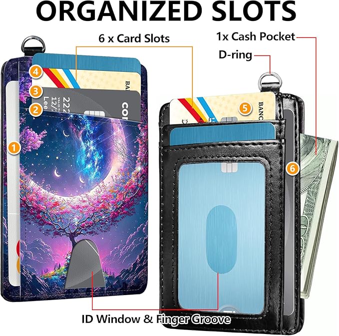 Slim RFID Blocking Card Holder Wallet with Wrist Strap - Minimalist Front Pocket Wallet, Trees Surround the Moon Design, PU Leathe, for Men & Women, Ideal for Travel & Gifts