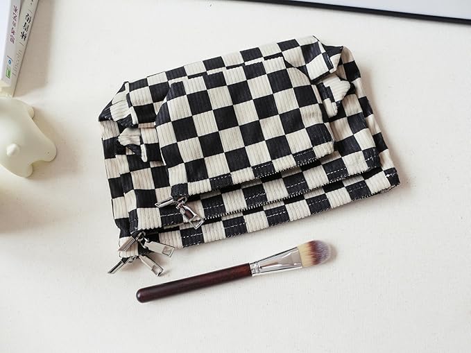 HAPPYHEIDI Checkered Corduroy Makeup Bag Set 3 Women Cosmetic Toiletry Travel Pouch Purse Accessory Organizer, 3-Size, Vintage Black White