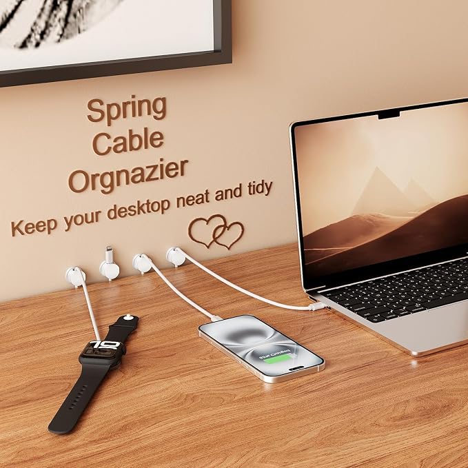 Cord Organizer Holder Clips 12 Pack 360° Rotatble Spring Cable Management,Hide Phone Charging Cable Keeper Strong Adhesive Wire Charger Holder for Home Car Office Nightstand Desk (White)