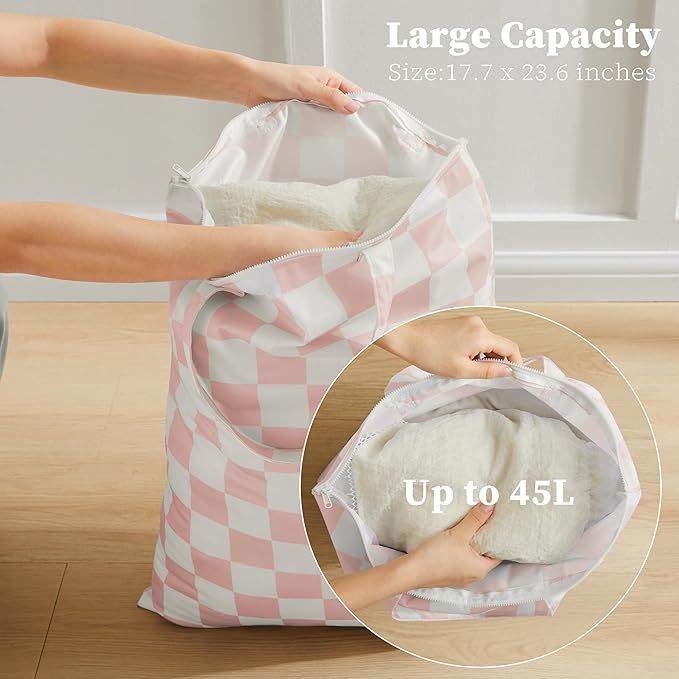 Ohocut Pink Checkered 2 Pcs Large Travel Laundry Bags for Dirty Clothes, Aesthetic Trendy Waterproof Washable Laundry Bag with Handle for Girls Women, Travel, Gym, Swimming Pool