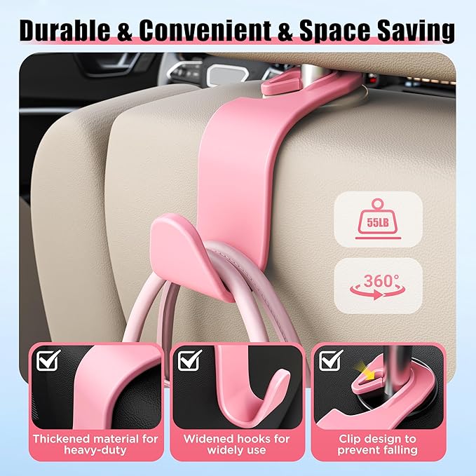 Amooca Car Seat Headrest Hook 4 Pack Hanger Storage Organizer Universal for Handbag Purse Coat Universal fit Vehicle Car Pink with Clip