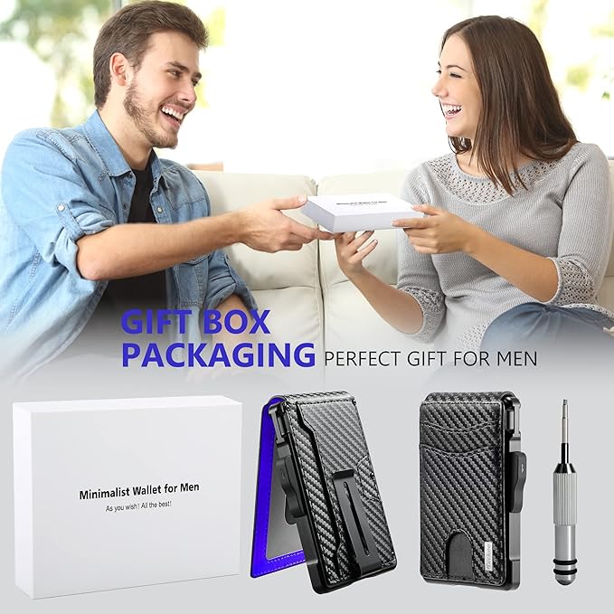 umoven Wallet for Men - with Money Clip Slim Leather Slots Credit Card Holder RFID Blocking Bifold Minimalist Wallet (Carbon Black and Blue)