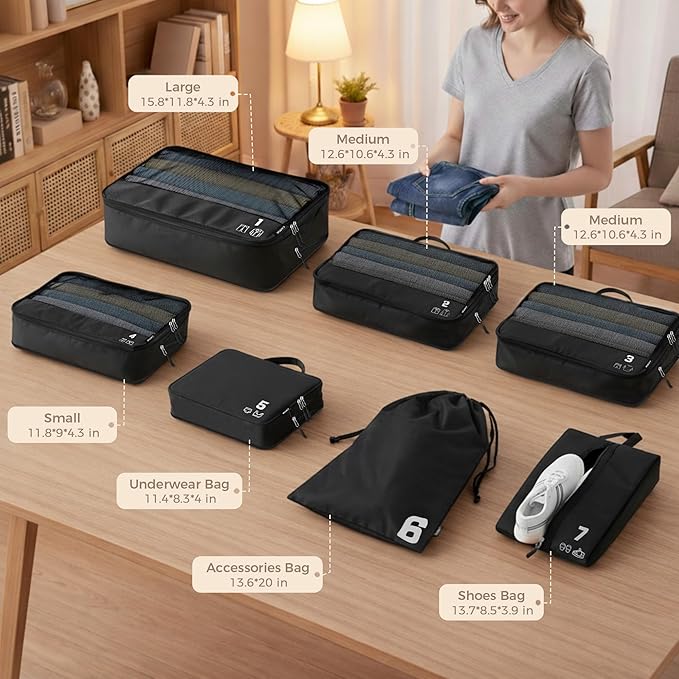 7 Set Compression Packing Cubes Travel Accessories Expandable Packing Organizers (Black)