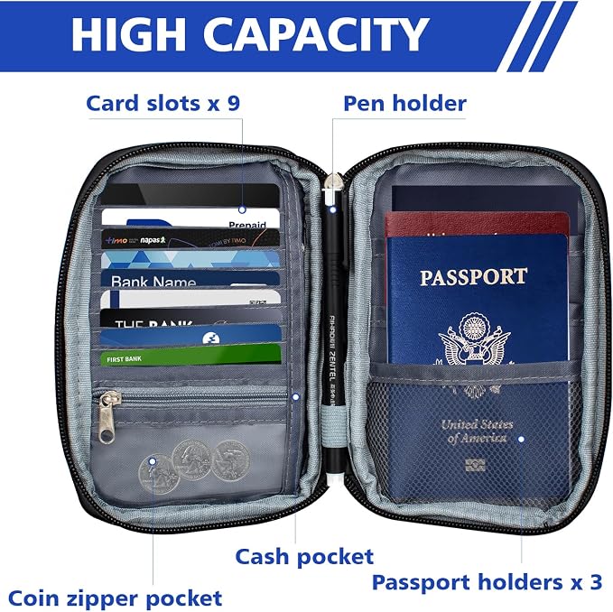 Passport Holder for Travel Women Men RFID Blocking Passport Wallet Waterproof Lightweight Document Organizer Pouch Bag Zipper Portable Case for Cards, ID, Money (Black, 6.9"x4.5")
