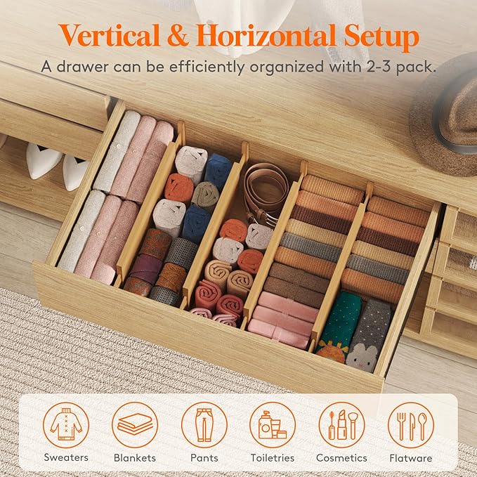 Lifewit 5" High 6 Pack Bamboo Drawer Dividers 45-55cm/17.5-22" Adjustable Wooden Drawer Organizer for Clothes/Utensils, Expandable Drawer Separator for Dresser/Kitchen/Bedroom/Office Organization