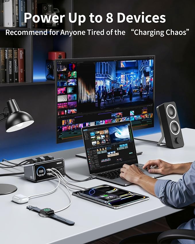 MOKiN 8-in-1 Charging Station, 3 USB-C,2 USB-A,3 AC, GaN Desktop Charger Station with Retractable Cable, 1500J Surge Protector Power Strip for iPhone 17/16,MacBook Pro, Laptop,Gaming Desk Accessories