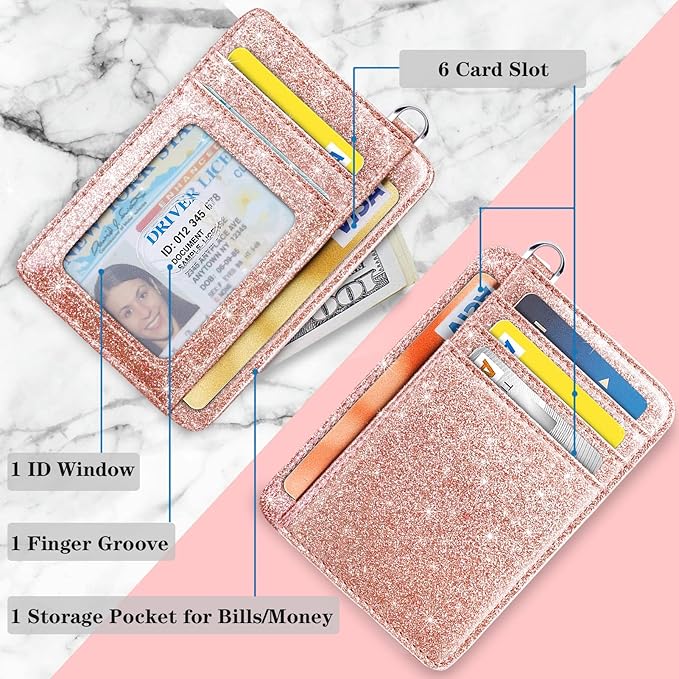 Coco Rossi Slim Front Pocket Wallet RFID ID Card Holder Cute Small Wallet with Keychian for Women,Rose Gold Glitter