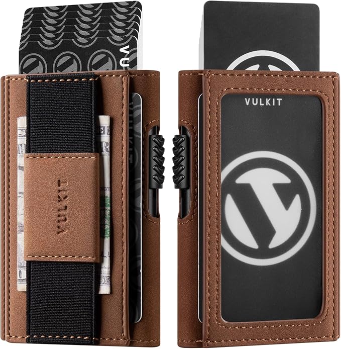 VULKIT Mens Minimalist Wallet for Max. 8 Cards with Pop-Up Credit Card Ejector RFID Blocking, ID Window and Elastic Strap for Bills or Keyring, Gift Box Packed, Brown