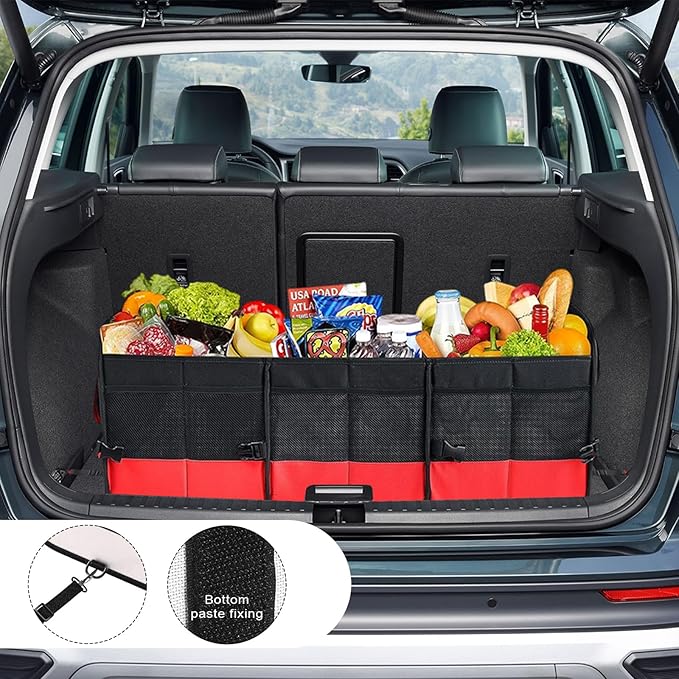 Car Trunk Organizer, Large Capacity Collapsible Cargo Organizer with Adjustable Straps Reinforced Handles, Multi-Compartment Trunk Storage Box for Car Truck SUV Sedan (Black & Red)