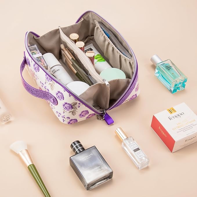 Mrsdry Travel Makeup Bag，Large-capacity waterproof cosmetic bag，Travel bags and toiletries bags for women，PU leather material，Multi-zone and large opening design (Purple flower)