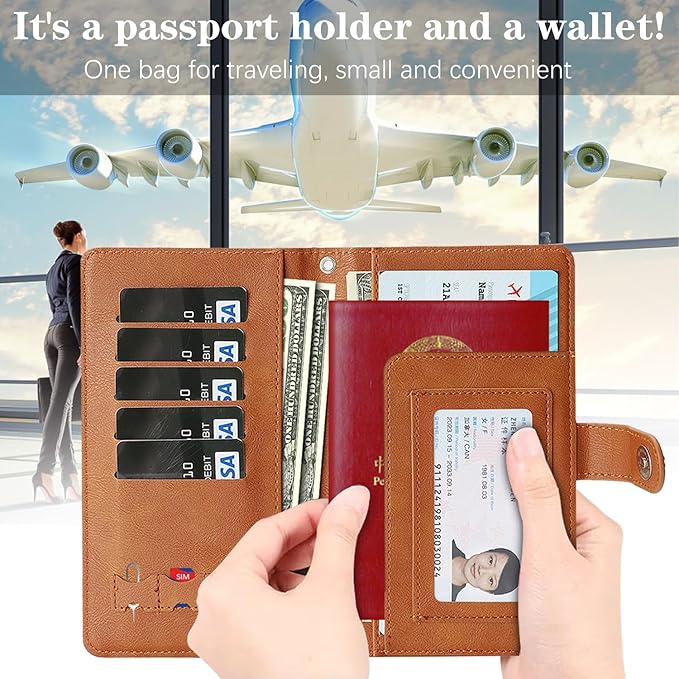 Passport Holder for Travel Essentials, RFID Blocking PU Leather Wallet Cover with Wristlet Strap Magnetic Closure Passport Book Holders Case for Women and Men, Brown