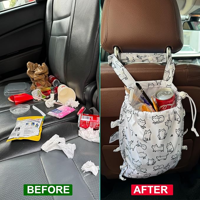 FLOCK THREE Leak-Proof Waterproof Car Trash Bag Foldable Multipurpose Trash bin Container Storage Cute Grocery Organizer Bag for Automotive Front or Back Seat in Cars SUVs and Trucks (White cats)