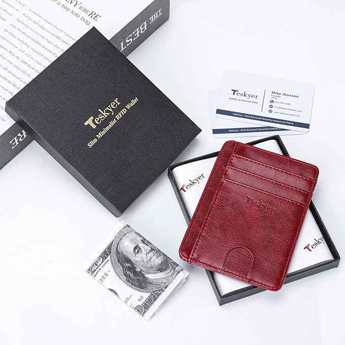 Teskyer Slim Wallet for Men, Minimalist Front Pocket RFID Blocking Leather Wallet Credit Card Holder for Men & Women