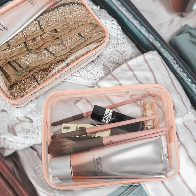2pcs Clear Travel Toiletry Bag TSA Approved Size Makeup Cosmetic Bag Portable Waterproof Transparent Pouch Storage, Pink