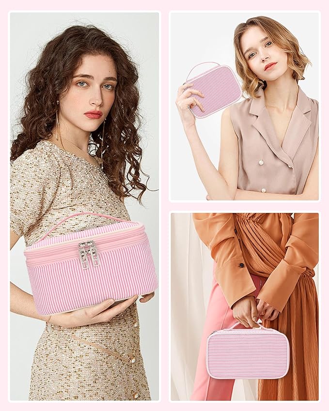 Relavel Large Makeup Bag, Portable Pink Cosmetic Bag for Girls, Dual-layer Makeup Pouch with Brush Holder, Multi-Functional Preppy Toiletry Organizer for Travel, Daily Use - Pink Strip