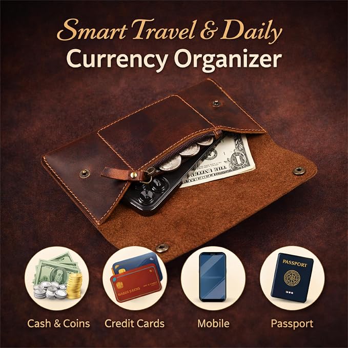 Leather Money Bag Currency Organiser Pouch, Dollar Bills Holder, Bills Organizer with Mobile Pocket, Money Envelope For Men and Women (Brown)