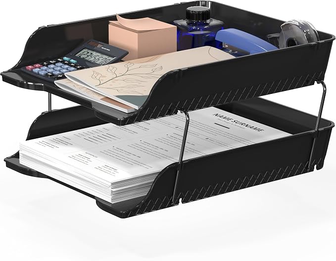 Simple Houseware 2-Tier Stackable Letter Tray Organizer – Desktop File Holder for A4/Letter Size Paper, Document Sorter, Office Desk Paper Organizer, Black