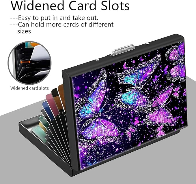 Credit Card Holder, Purple Butterflies Design Mini RFID Blocking Aluminum Wallet Slim Metal Hard Case Shell Travel Wallet ID Case Small Credit Cards Case Business Cards for Women Men Girls