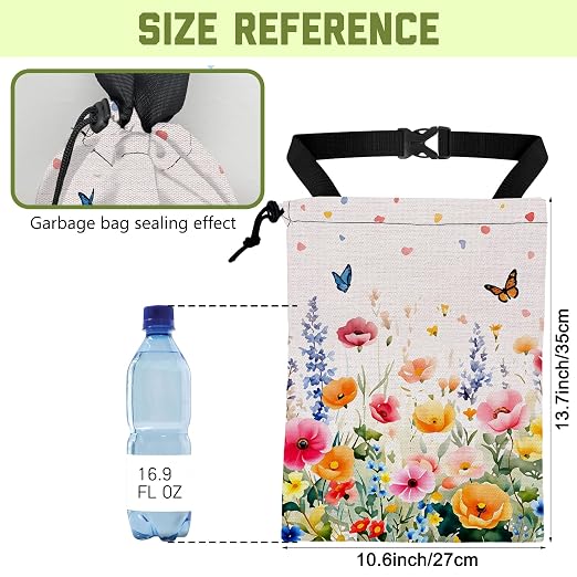 Car Trash Bag Watercolor Wildfloral Butterfly Hanging Drawstring Car Organizer and Storage Bag with Adjustable Buckle Canvas Garbage Bin for Back Seat or Hanging Headrest Road Trip Essentials
