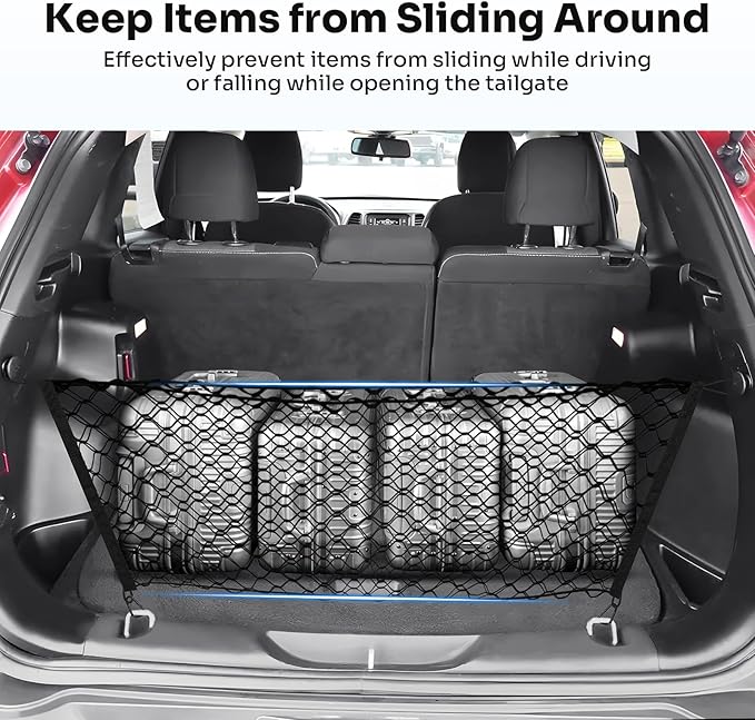 Canvcle Trunk Cargo Net for 2014-2023 Jeep Cherokee Accessories Envelope Style Mesh Trunk Net Organizer and Storage Stretchable Adjustable Elastic Nylon Rear Cargo Netting with Hooks