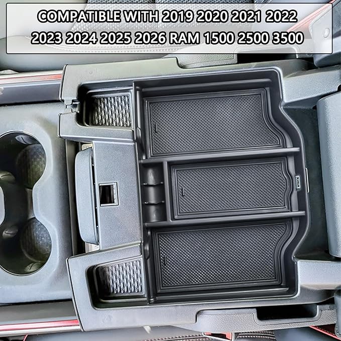 EDBETOS Full Center Console Organizer Compatible with 2019-2023 2024 2025 2026 Dodge RAM 1500 2500 3500 Accessories ABS Plastic Material Insert Tray Secondary Storage Armrest Box, Black