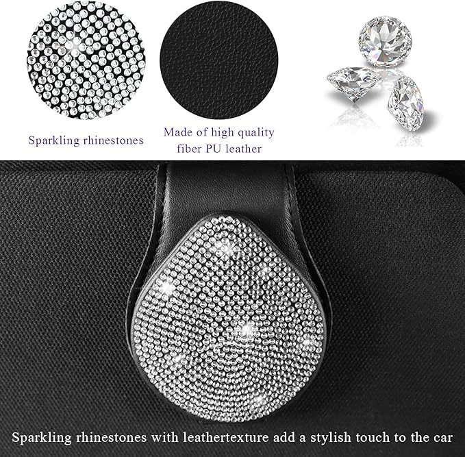 KVAEY Bling Sunglass Holder for Car Visor, Magnetic Leather Visor Clip Glasses Holder with Sparkling Rhinestones, Crystal Visor Ticket Card Clip for Women Girls, Car Accessories (Black & White)