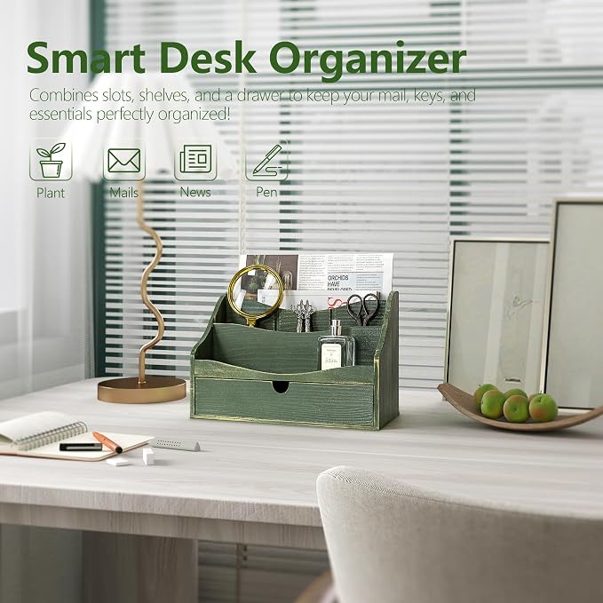 Rebee Vision Pine Wood Mail Organizer for Desk - Charming Farmhouse Mail Holder Organization with Drawer & Dividers - 4-Slot for File & Jewelry Sorter, Mail Organizer Countertop for Home Decor(Green)