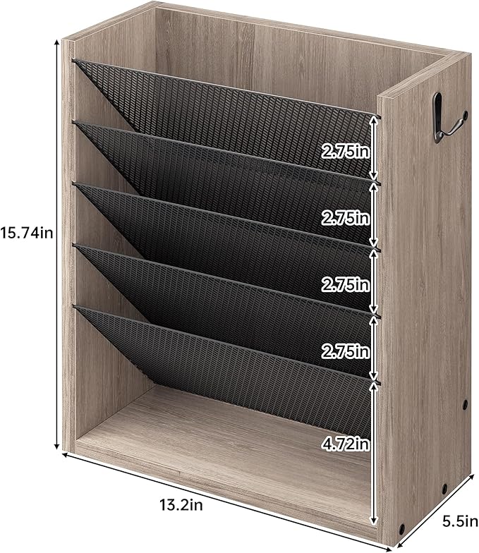Mail Organizer Wall Mounted, 6-Tier Wall File Organizer with 2 Hooks, Wooden Desk Organizer Magazine Holder with Bottom Flat Tray, for Office Home, Greige