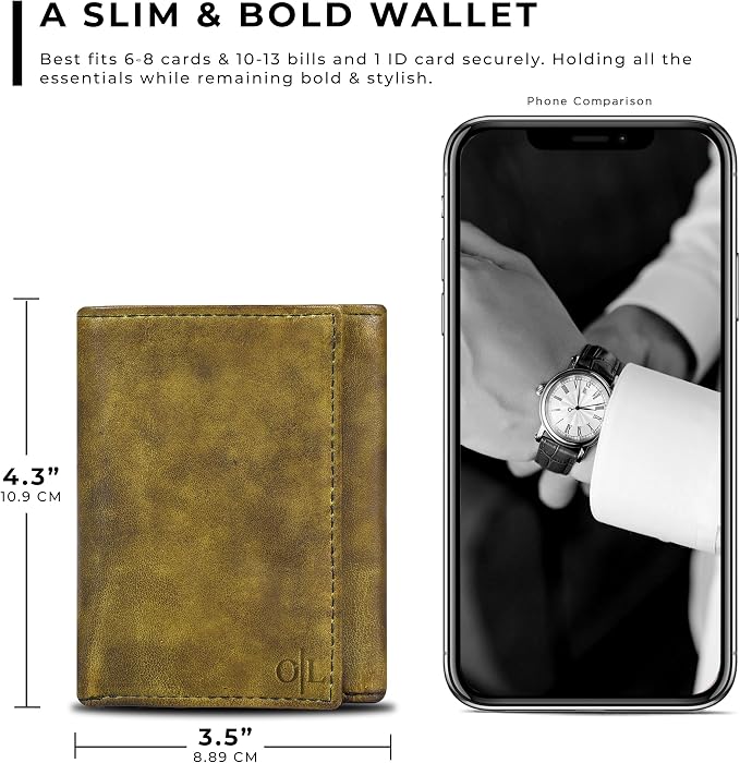 Tri fold Leather Wallet for Men with RFID | Slim Wallets for Men with 1 ID and 6 Credit card slots | Front Pocket Minimalist
