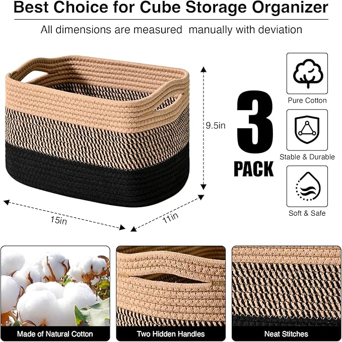ICERZCZ Storage Baskets for Organizing Shelves, Decorative Baskets for Storage, Woven Cotton Rope Basket for Living Room Bedroom Nursery, 15"x11"x9.5", 3 Packs, Gradient Black & Jute