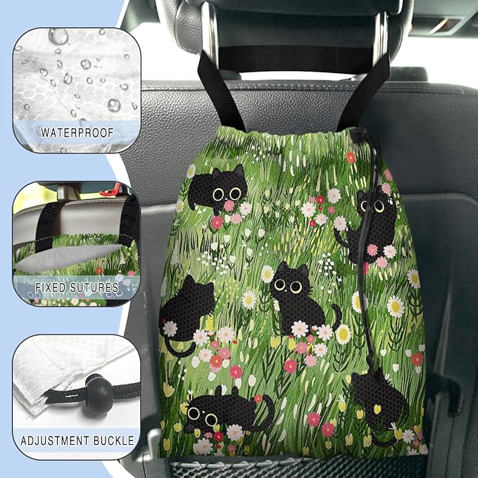 Car Trash Bag Hanging Back of Seat Waterproof Small Cute Printed One-Handed Strap Drawstring Garbage Bags for Car-Black Cat Floral