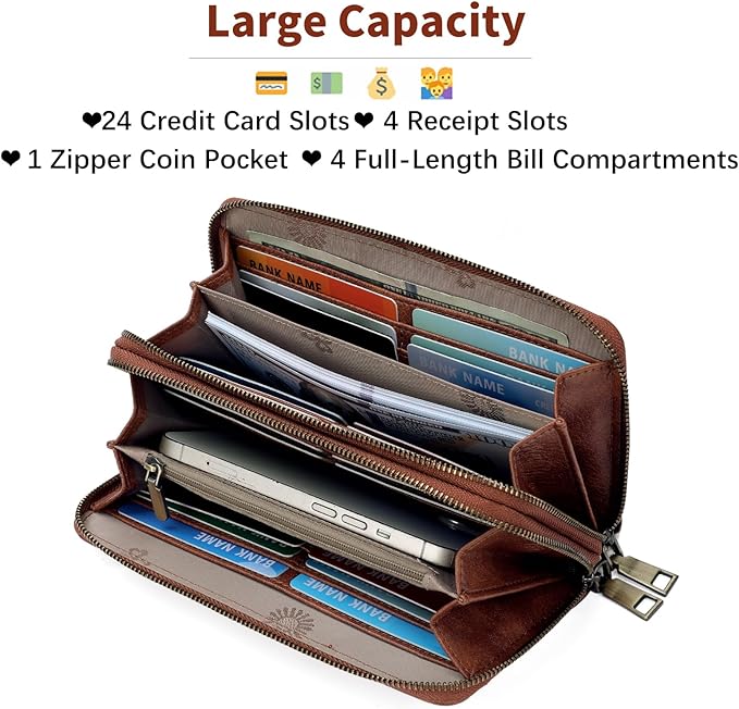 GOIACII Women's Wallet Large Capacity Double Zip Ladies Card Phone Holder RFID Blocking Wristlet Leather