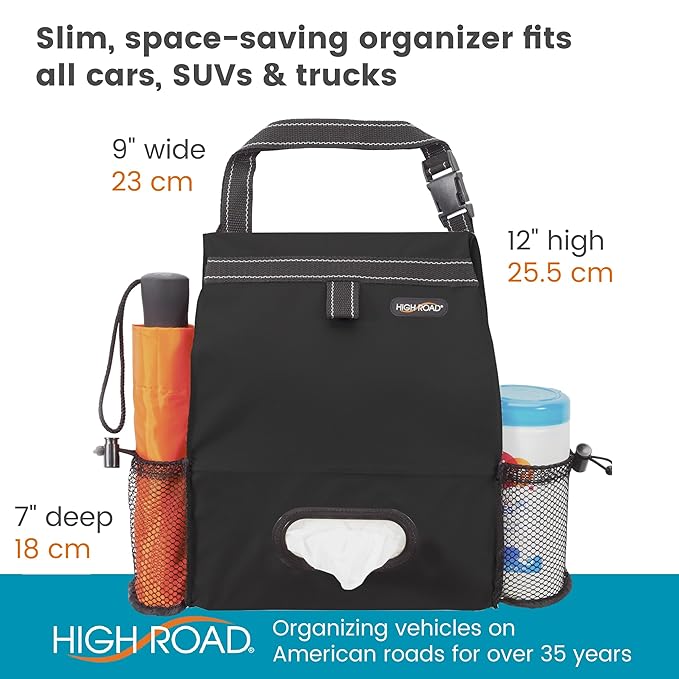 High Road Car Organizer with Car Trash Bag and Tissue Holder - Holds Full Size Tissue Box, Bottles and Wipe Containers - 2 Gal Leakproof Covered Car Trash Can with Push-Close Lid