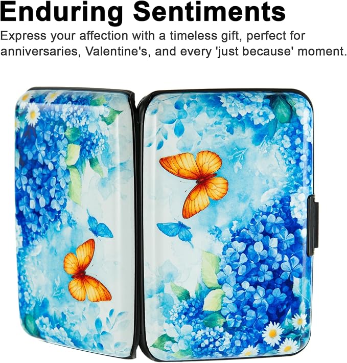 Credit Card Holder for Women Men RFID Blocking Wallet Small Business Metal Slim Mini Aluminum Hard Case (Hydrangeas Butterflies)